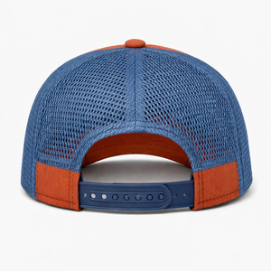 Casquette Trucker Structurée à 5 Panneaux Personnalisée en Gros, Profil Moyen, Pré-courbée, Orange Brûlé et Bleu, avec Logo Imprimé Numérique - Product Image 3