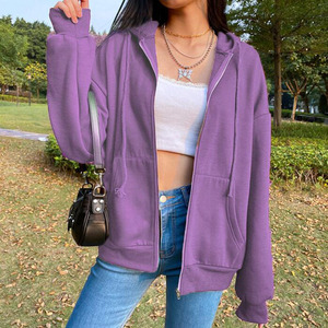 Fashionable Women Fleece Solid Hooded Korean Sweatshirts Long Sleeve Drawstring Pockets Loose <b>Zipper</b> <b>Black</b> <b>Hoodies</b> for Women - Product Image 4