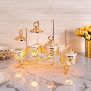 Wholesale 4 Compartment Round Stainless Steel Condiment Server Chafing Dish Set Rose Gold Interlocking Wire Bridge <b>Stand</b> Laser - Product Image 6