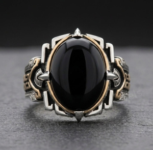 Black Onyx Gemstone 13x18mm Oval Shape Men's 925 <b>Silver</b> Two Tone Plated Punk Style Bezel Setting Signet Ring For Everyday Wear - Product Image 1