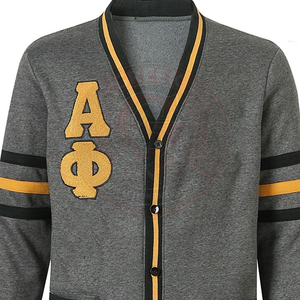 Cardigan universitaire unisexe gris Alpha Phi Fraternity avec bordure jaune, lettres grecques APA brodées, col en V, manches longues, pull pour homme - Product Image 4