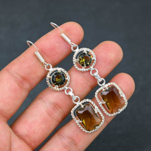 Boucles d'oreilles pendantes personnalisées en quartz fumé de synthèse, style goutte, en argent sterling plaqué, cadeaux en cristal pour femmes, prix d'usine - Product Image 2