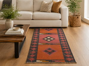 Custom Handloom Wool Kilim <b>Runner</b> Traditional Geometric Diamond Border Pattern Earthy Terracotta Living Room Floor <b>Carpet</b> Latex - Product Image 2