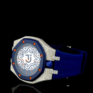Blue Dial Luxury Octagon Brass Sapphire <b>Crystal</b> Quartz <b>Watch</b> Rhinestone Bezel Rubber Strap Bar Scale Fashion Dress Style 42mm - Product Image 3