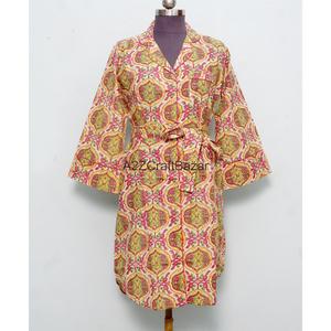 Handmade Non Woven 100% Cotton Block Printed Floral <b>Bell</b> Sleeve Midi Dress Button Closure Breathable Eco-Friendly for Evening - Product Image 4