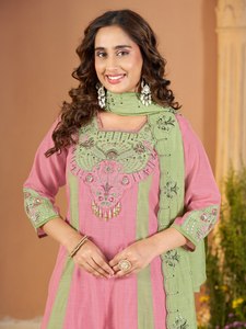 MB ETERNAL CLOTHING Conjunto de Kurti Anarkali Rosa y Verde para Mujer, Salwar Kameez Tradicional con Bordado de Hilo, Palazzo Mal Chanderi, Envío Rápido - Product Image 5