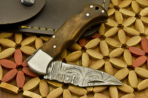 Couteau de poche pliant artisanal en acier Damas de qualité industrielle, manche en bois, étui en cuir, support OEM/ODM - 10 lames, garantie 3 ans - Product Image 4