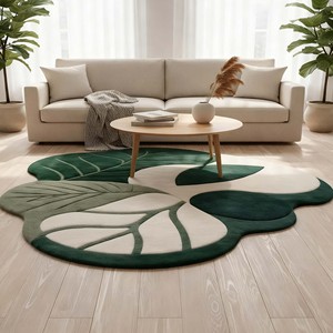 Alfombra con forma de hoja, alfombra irregular verde musgo, alfombra botánica estética hecha a mano para la decoración del hogar, sala de estar y dormitorio - Product Image 2