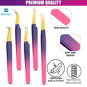 ชุดแหนบต่อขนตา 5 ชิ้น สีชมพูม่วงวิ้งๆ ปลายทอง ทำจากสแตนเลส พร้อมปลายไฟเบอร์ - Product Image 4