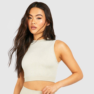 Haut court côtelé sans manches pour femme, col rond, couleur unie, tricoté, coupe décontractée, printemps-été, respirant, mélange coton élasthanne - Product Image 4