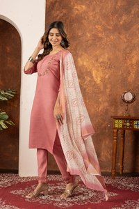 Women's Pink Hand Embroidered Marina Silk Quick Dry <b>Kurta</b> Set Dupatta Traditional <b>Indian</b> Pakistani Casual Ankle-Length Regular - Product Image 5