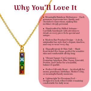 Colgante de Barra con Piedra de Nacimiento |   Cadena de Cuerda de Latón Chapada en Oro de 18K con Corte Cuadrado de Múltiples Piedras Preciosas, Joyería Hecha a Mano para Regalo - Product Image 5