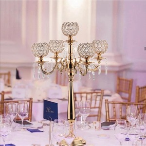 Candélabre doré avec porte-bougies en cristal à 5 bras, décoration d'intérieur, centre de table pour mariage - Product Image 5