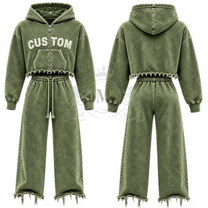 Men <b>Brown</b> Tracksuit Set 100% Cotton Full Length Zipper 450 Gsm Cropped Zipper Wide Leg <b>Joggers</b> Frayed Hem Casual Wear - Product Image 4