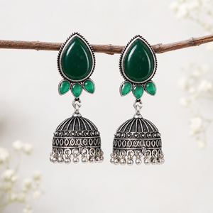 Boucles d'oreilles Jhumka en alliage de zinc plaqué argent, imitation onyx traditionnel, faites à la main, style vintage, ethnique, indien, bohème, pour soirée - Product Image 3