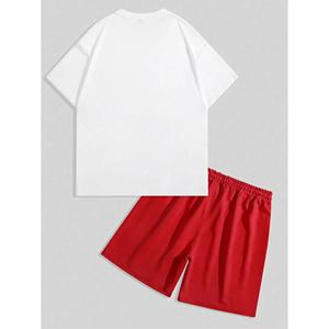 Ensemble court 2 pièces d'été imprimé sérigraphié à épaules tombantes, T-shirt col rond et short imprimé 3D en relief de haute qualité - Product Image 5