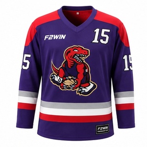 F2WIN Jersey Hoki Es Pria Logo Dinosaurus Cetak Sublimasi V-Neck Lengan Panjang Bahan Polyester Bernapas dan Menyerap Keringat - Product Image 1