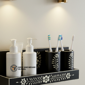 Handcrafted Black Bone Inlay Bathroom Organizer <b>Set</b> Wall-Mounted Vanity Shelf with Dual <b>Soap</b> Dispensers and Toothbrush Holders - Product Image 2