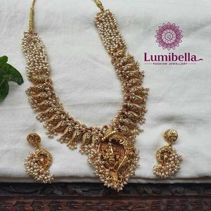 South India Jewels Gold Plated Long Haram Bridal Jewelry Set with Earrings - Product Image 3
