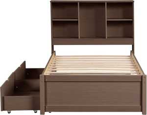 Cadre de lit double moderne avec 2 tiroirs de rangement et tête de lit bibliothèque – Bois de noyer massif robuste pour chambre et appartement - Product Image 3