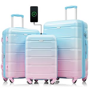 Set di portabagagli USB da 20 pollici con supporto per portabicchieri certificata compagnia aerea azzurra con ruote Spinner a guscio rigido ABS + PC - Product Image 1