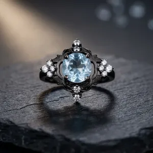 Anillo Vintage de Topacio Azul con Circonita Cúbica, Plata de Ley 925 con Baño de Rodio Negro, Anillo de Compromiso para Mujer - Product Image 6