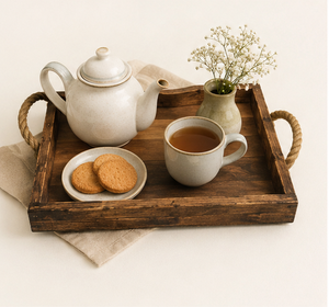 Bandeja de servir rectangular rústica de madera con asas de cuerda de yute duraderas, estilo rústico, bandeja de madera hecha a mano para mesa de café - Product Image 6