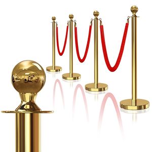 Set di montanti per il controllo della folla in 4 pezzi con corda di velluto rosso e cima a sfera con barriera in acciaio inossidabile per fiere - Product Image 3