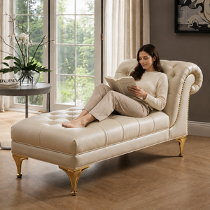 Luxury Modern Tufted Genuine Leather Chaise Lounge Chair with Turned Legs for Living Room Home Furniture - Product Image 3