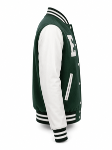 Veste universitaire unisexe verte avec manches blanches, broderie lettre E, patchwork, coupe-vent, style preppy, col rabattu, coupe régulière - Product Image 2