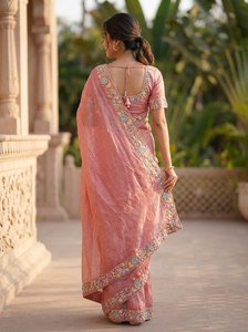 Sari de Seda Rosa con Bordado Floral, Traje Tradicional Indio y Pakistaní para Bodas, Largo hasta el Suelo, Corte Regular - Product Image 3
