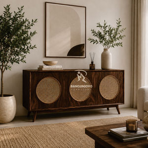 Meuble TV moderne en bois de suar combiné avec du rotin - Product Image 2