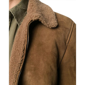 Blouson bomber en daim marron avec col en fausse fourrure, fermeture éclair, veste d'hiver pour homme, manches longues, épaisse, coupe-vent - Product Image 5