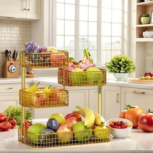 Corbeille à fruits rectangulaire en métal doré à 4 niveaux, support de rangement pour comptoir de cuisine, grande capacité, écologique et durable - Product Image 2