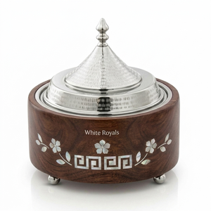 Olla térmica de madera artesanal con incrustaciones florales árabes tradicionales y tapa cónica de acero inoxidable. - Product Image 1