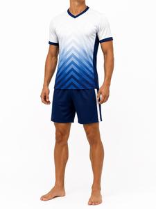 Ensemble de football pour hommes, maillot à col en V à manches courtes, dégradé bleu et blanc, avec short marine, polyester respirant, coupe athlétique - Product Image 1