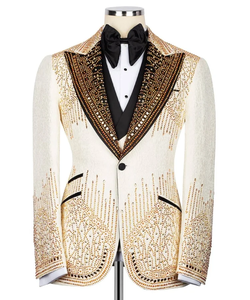 Chaqueta de esmoquin para hombre con adornos dorados color marfil – Blazer de diseñador con pedrería y solapa tipo chal negra - Product Image 2