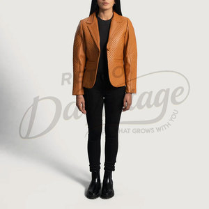 Premium Women Tan Real Leather Blazer <b>Quilted</b> Diamond <b>Pattern</b> Slim Fit Soft Sheepskin Business Casual Leather <b>Jacket</b> Coat - Product Image 4
