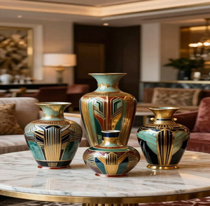Charming hand-painted metal vase featuring a colorful textured <b>mosaic</b> design with a polished gold flared neck, at wholesale. - Product Image 3