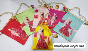 กระเป๋าแต่งงานแบบดั้งเดิมของอินเดียกระเป๋า potli haldi, Mehndi, Sangeet, Mayra RETURN ของขวัญกระเป๋าพิมพ์สตริง potli กระเป๋างานแต่งงาน - Product Image 4