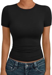Camiseta Básica de Verano para Mujer, Cuello Redondo, Manga Corta, Elástica, Ajustada, Suave, para Salir, Hacer Ejercicio, Gimnasio - Product Image 2