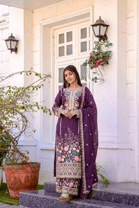 Ensemble haut, palazzo et dupatta en soie chinon lourde brodée à la main avec sequins, entièrement cousu, pour femme, tenue ethnique, matière de robe ZW 140 A - Product Image 1