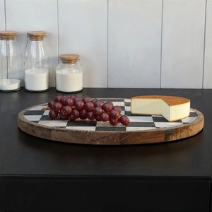 Round Checkered Wood Decorative Tray Rustic Design Handcrafted Marble Inlay Surface For Kitchen Countertop And Dining Table Use - Product Image 5