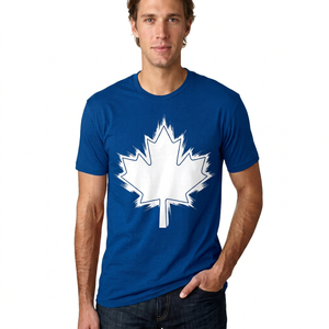 T-shirt à manches courtes bleu pour homme avec imprimé feuille d'érable blanche, coupe classique, col rond, jersey décontracté en coton - Product Image 1