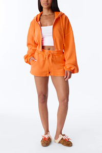 Ensemble short et crop top délavé à l'acide orange pour femme, 100 % coton, effet usé et déchiré - Product Image 2