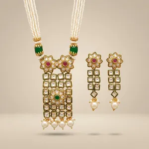 Ensemble de colliers Kundan perlés en gros, plaqué or, bijoux indiens de mariage et de fiançailles avec boucles d'oreilles pour femmes, tendance - Product Image 3