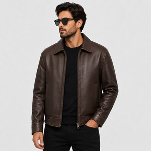Blouson aviateur en cuir marron pour homme, cuir véritable de qualité supérieure, fermeture éclair sur le devant, style vintage, blouson de motard - Product Image 1