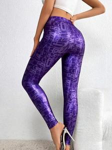 Eco-Friendly High Waist Full Length Purple Geometric <b>Print</b> Stretch Seamless Knitted Women's Sporty <b>Leggings</b> - Product Image 5