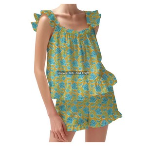 Vente chaude fille vêtements de nuit Shorts pyjama ensemble 100% coton tissu printemps/été Floral ajusté bretelles volants garniture manches PJ ensemble - Product Image 3