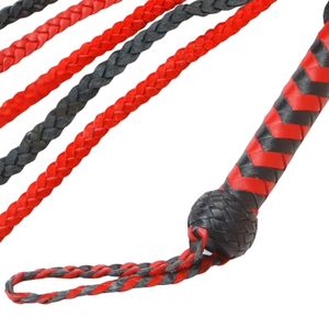 Professional <b>Leather</b> <b>Flogger</b> Red Black Braided Whips with Knotted Handle - Product Image 1